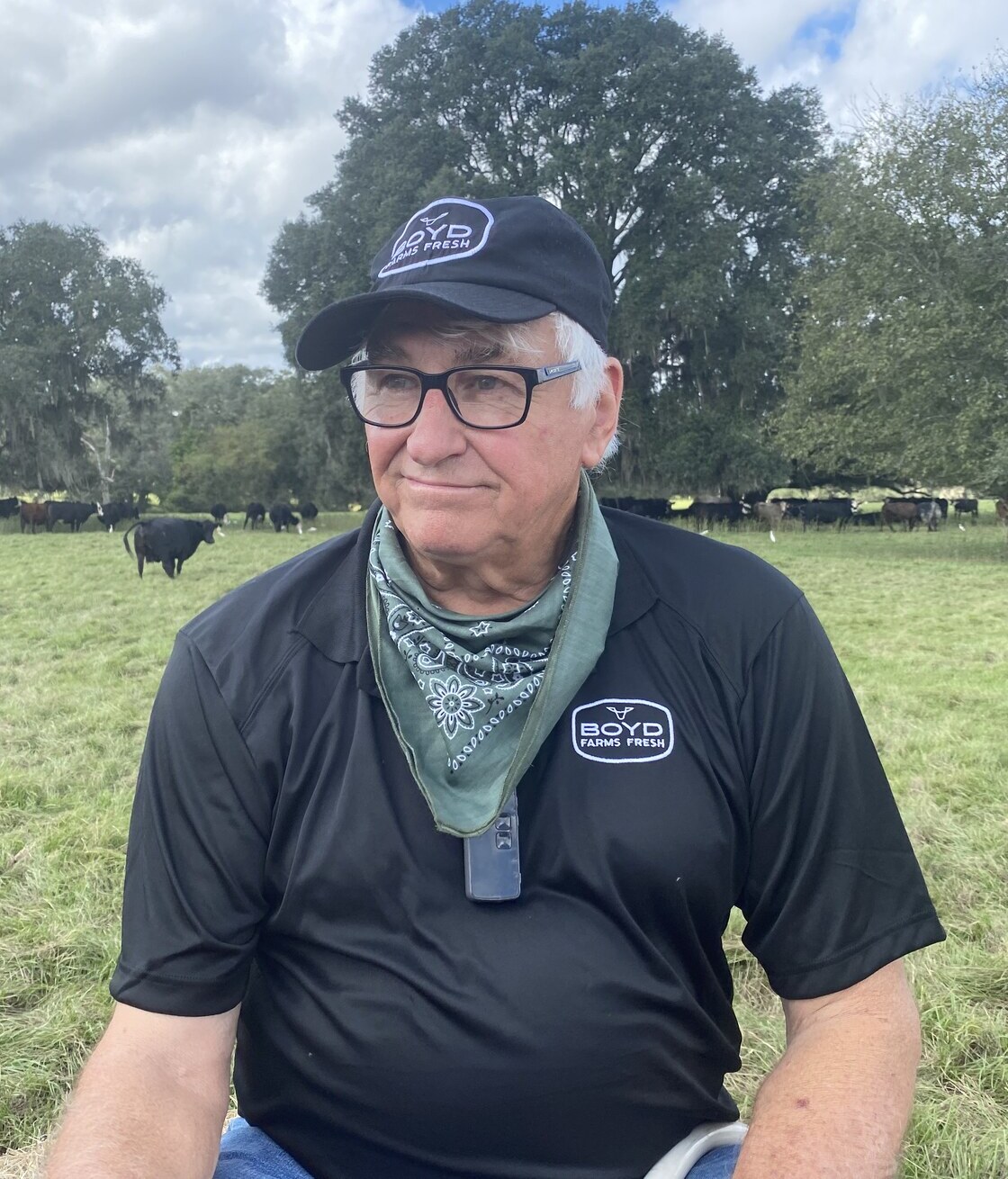 Allen Boyd standing in a pasture at Boyd Farms with his cattle behind him